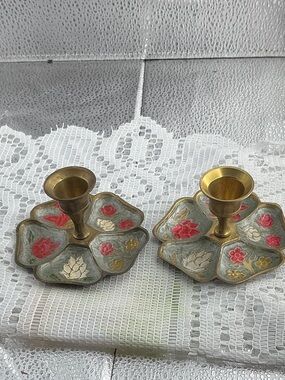 Vintage Pair of Floral Enameled Brass Candle Holders From India
